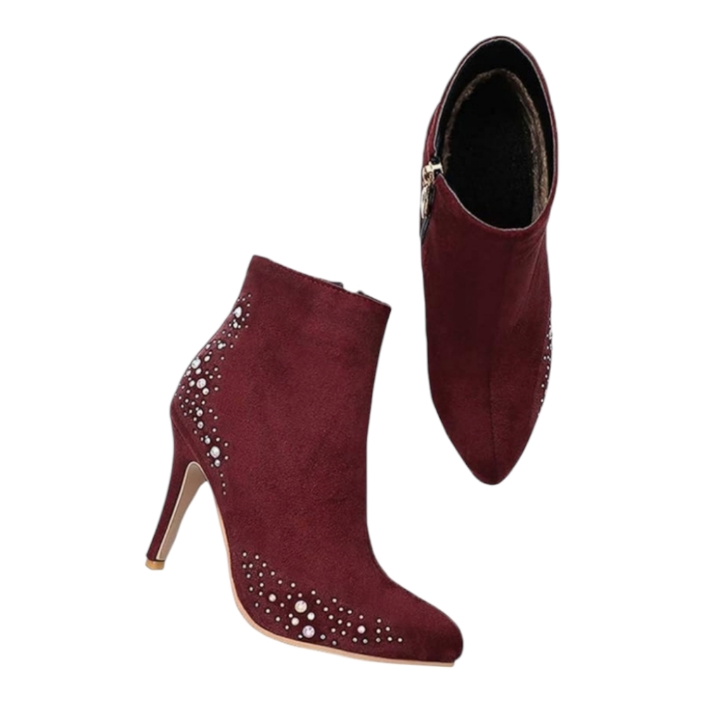 Joojaky Women's Fashion Rhinestone Stiletto Heel Zipper Booties, Wine Red